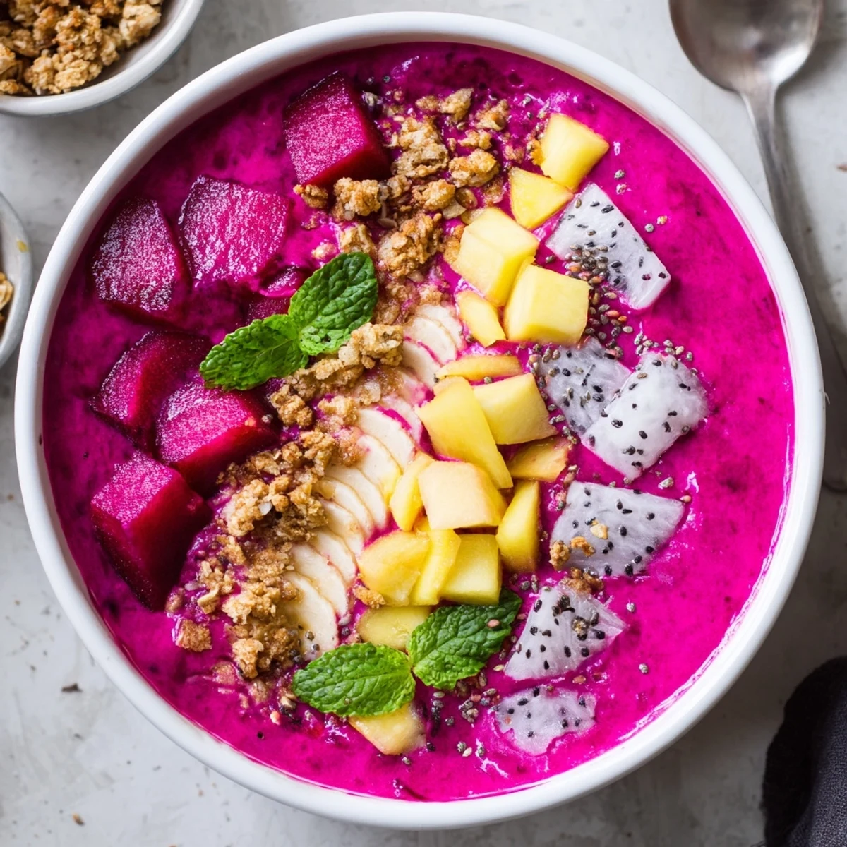Served chilled, Dragon Fruit Mango Coconut Smoothie Bowl garnished with fresh mint