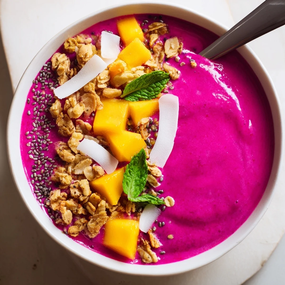 Crunchy granola and mango top Dragon Fruit Mango Coconut Smoothie Bowl for breakfast