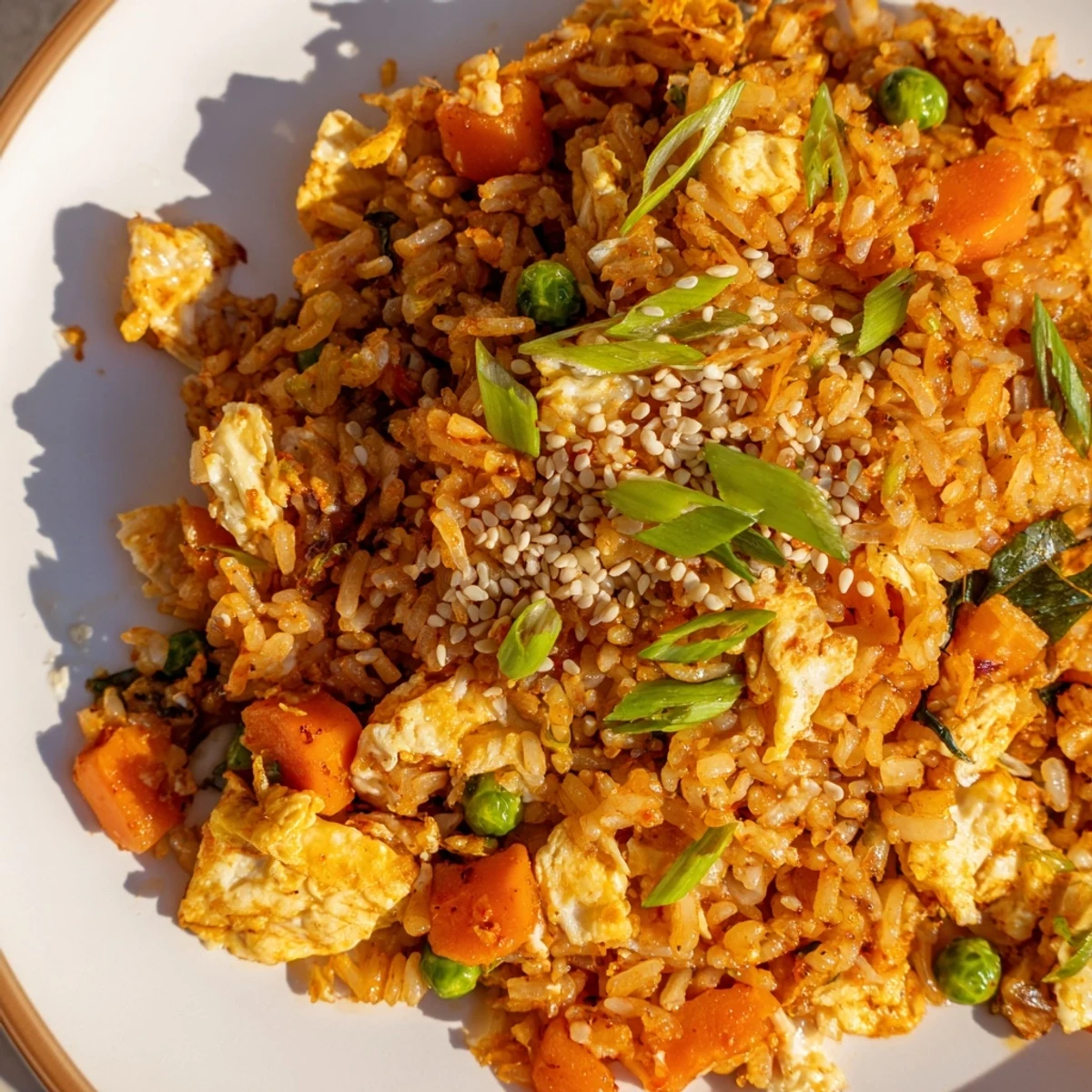 Steaming Korean fusion fried rice with vibrant kimchi, scrambled eggs, and golden brown crispy shallots garnish