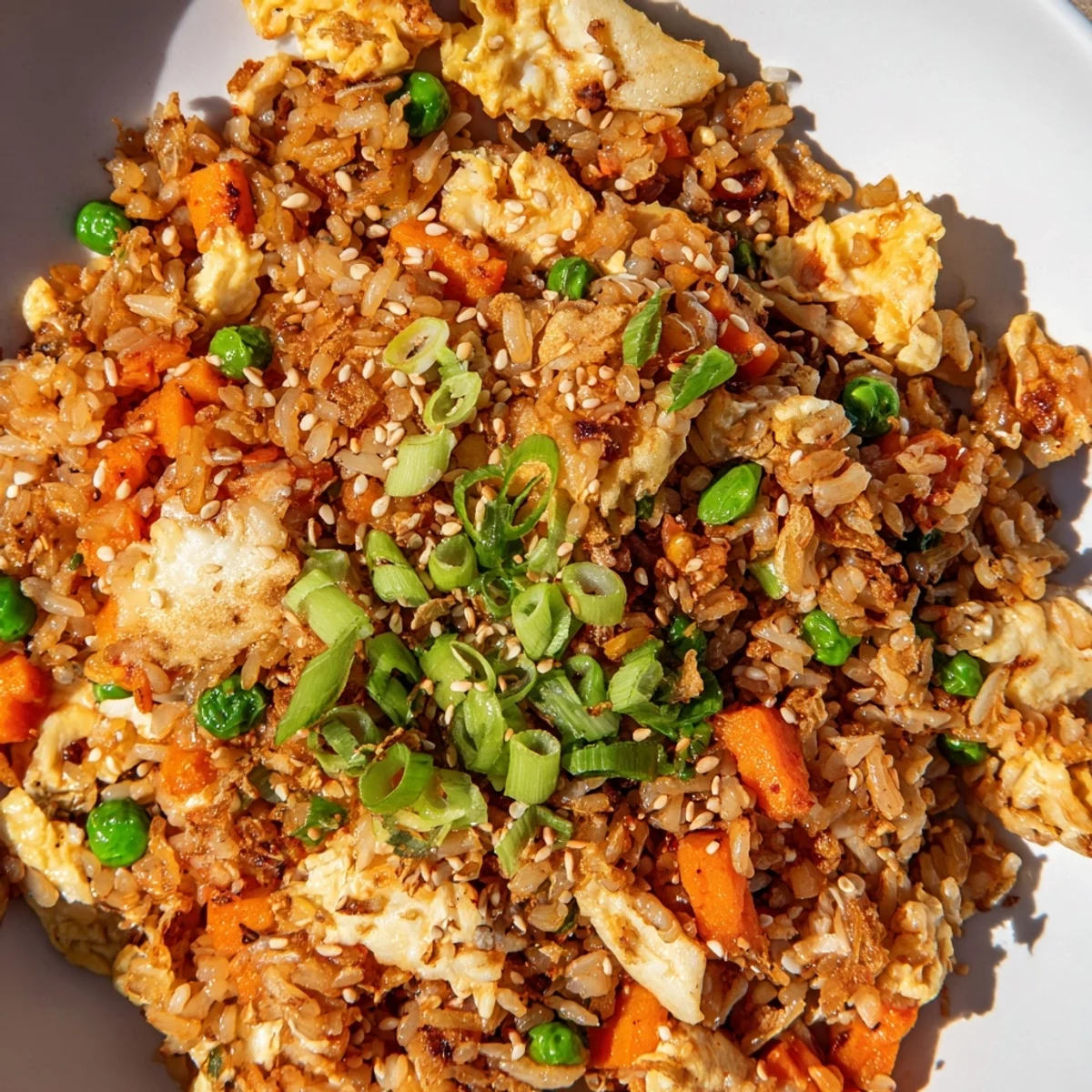 Savory kimchi garlic fried rice plated with green onions, toasted sesame seeds, and crispy fried shallots