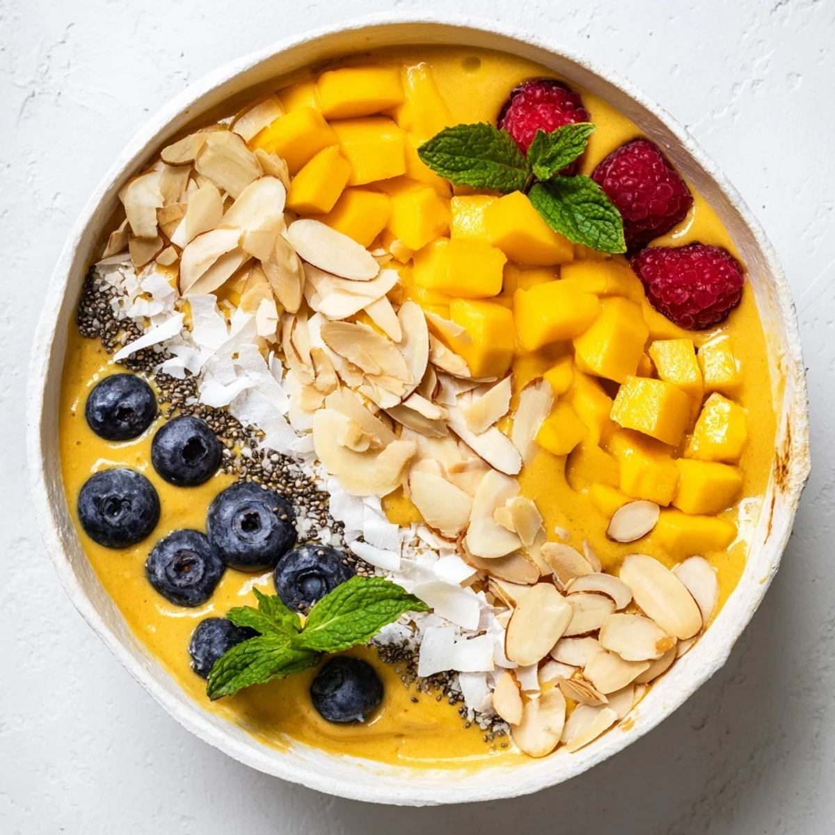 Creamy tropical smoothie bowl with mango banana coconut base garnished with golden toasted almond flakes