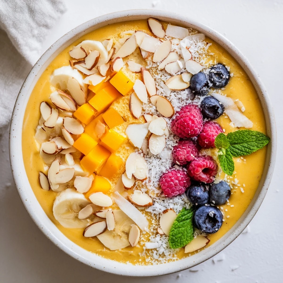 Colorful mango banana coconut smoothie bowl topped with crunchy toasted almonds and fresh fruit slices
