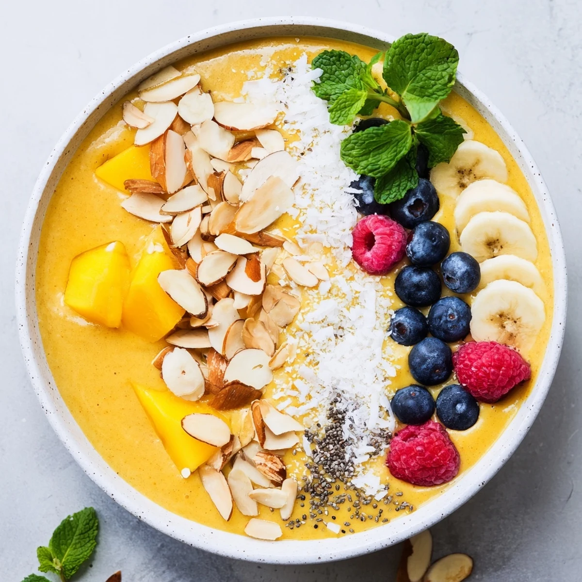 Thick mango banana coconut smoothie bowl arranged with toasted almonds and vibrant berry toppings