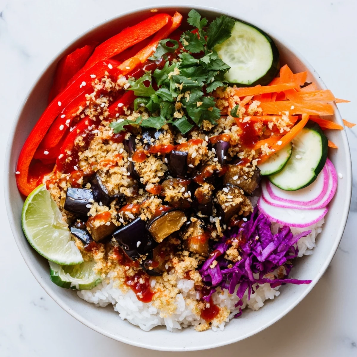 Vibrant Korean spicy gochujang roasted eggplant veggie bowl topped with crunchy sesame seeds and fresh vegetables