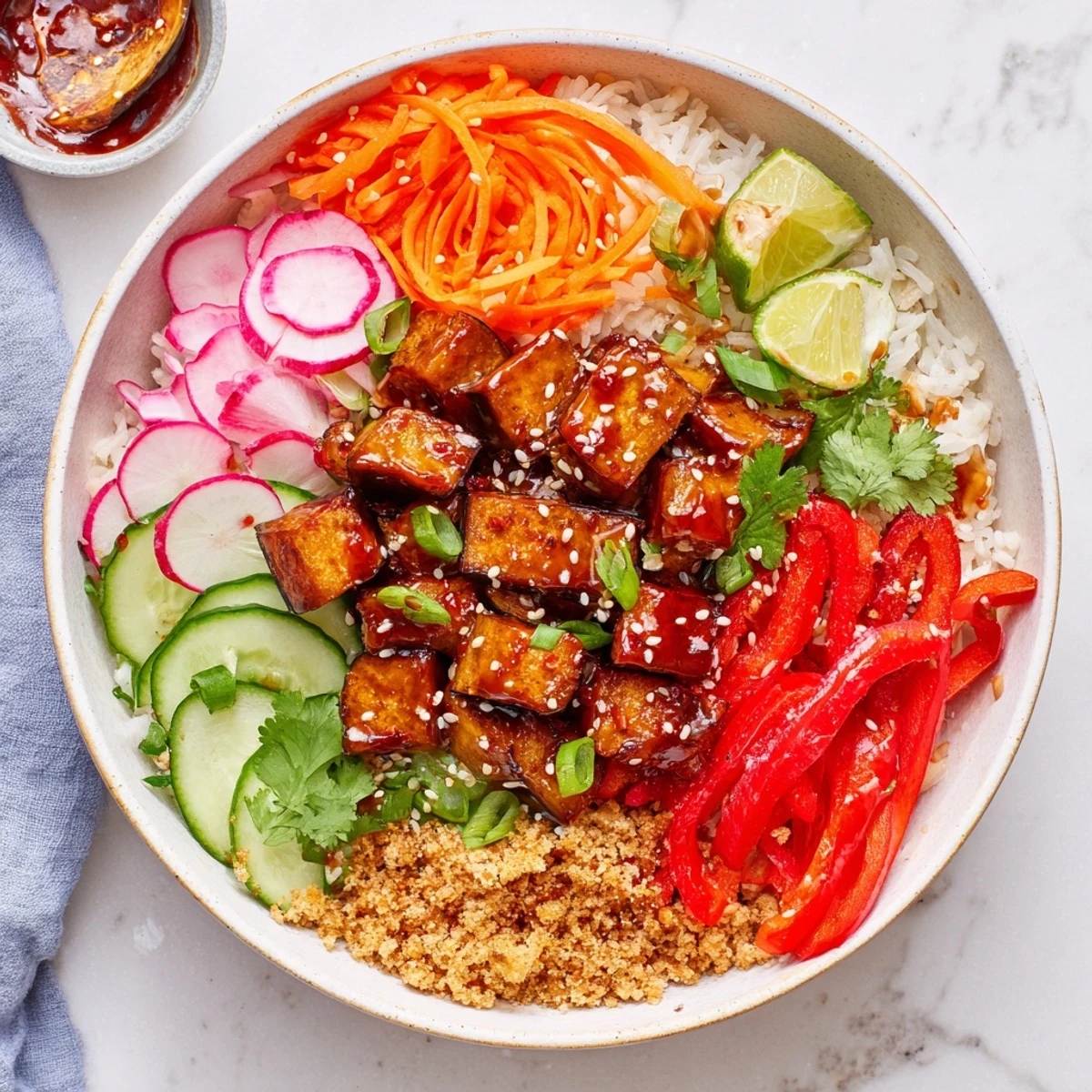 Colorful vegetarian bowl featuring tender spicy gochujang roasted eggplant with crunchy sesame panko topping and fresh veggie garnish