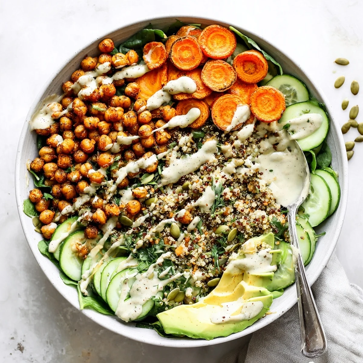 Colorful roasted carrot tahini quinoa grain bowl topped with crispy spiced chickpeas and fresh vegetables