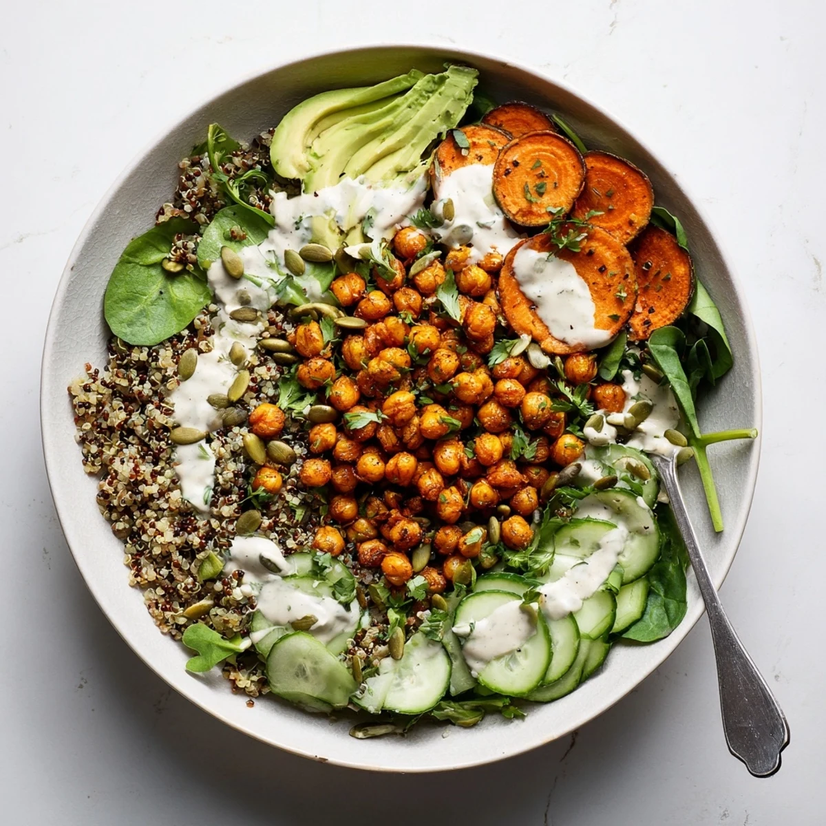 Vibrant vegetarian grain bowl featuring sweet carrots, crispy chickpeas, quinoa, and smooth tahini sauce