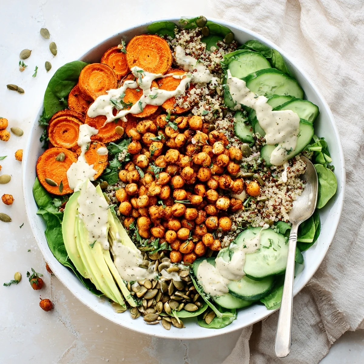 Golden roasted carrots and fluffy quinoa bowl drizzled with creamy tahini dressing and crunchy chickpeas