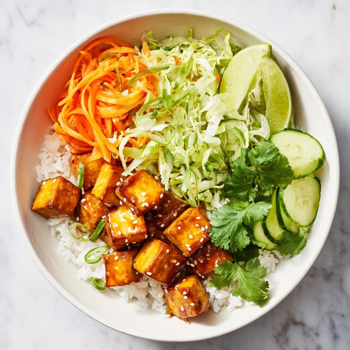 Vibrant vegan bowl featuring sticky maple chili tempeh over fluffy rice with crunchy sesame cabbage slaw