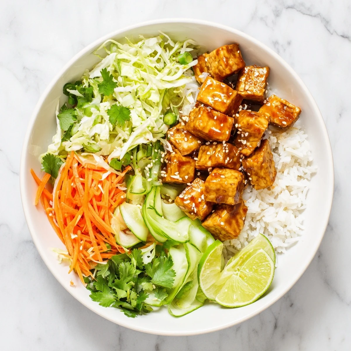 Golden tempeh cubes glazed in sweet spicy maple chili sauce atop colorful sesame cabbage and fresh vegetables