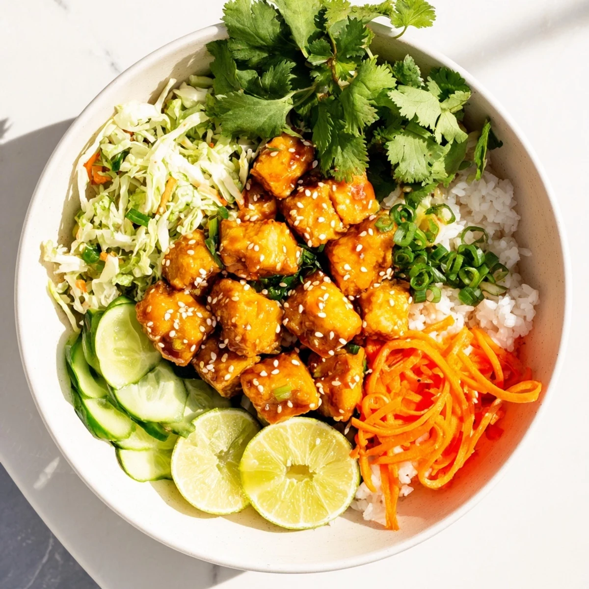 Plant-based bowl with glossy maple chili tempeh served on rice bed with tangy sesame cabbage and crisp veggies