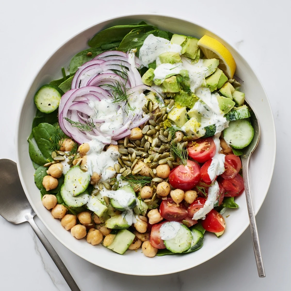 Colorful chickpea salad bowl with creamy avocado, fresh dill, and bright lemon zest garnish