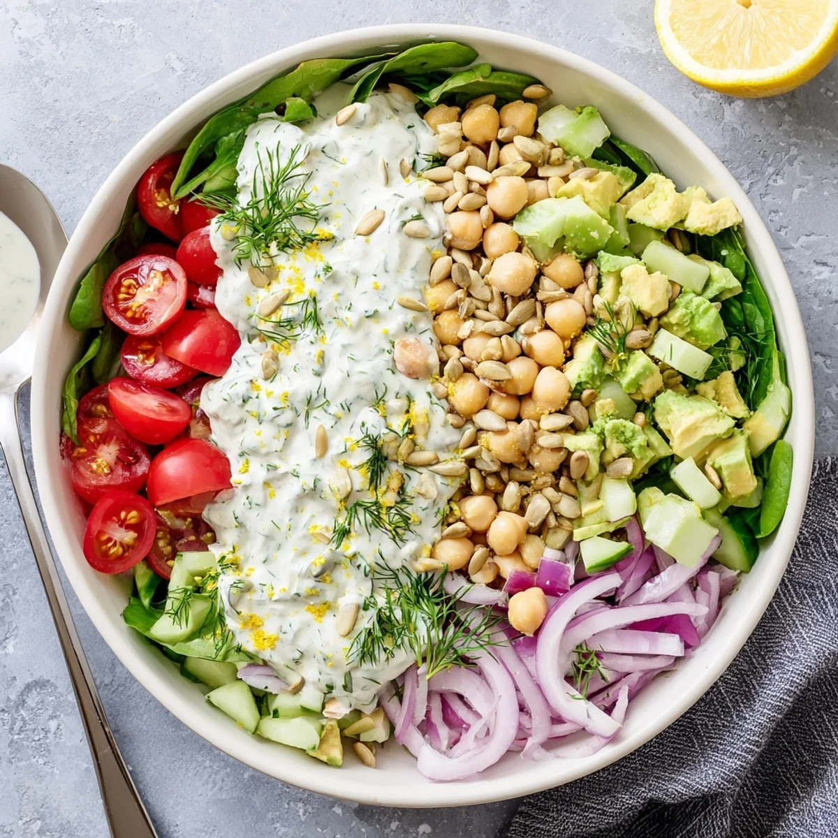 Vibrant green salad featuring chickpeas, diced avocado, spinach, tomatoes, and tangy lemon dill dressing