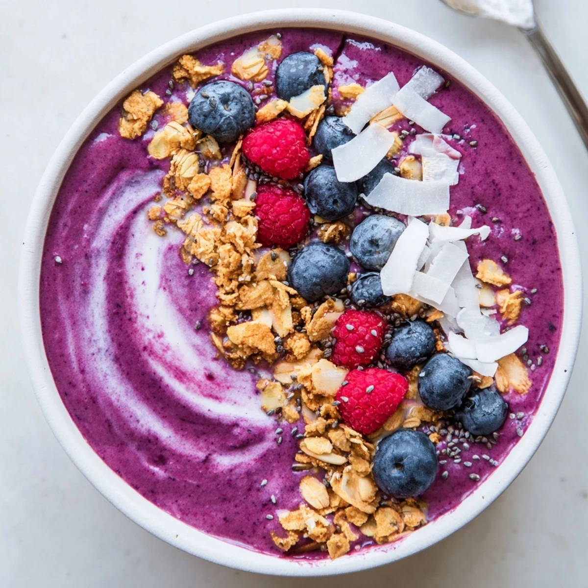 Vibrant blueberry raspberry coconut smoothie bowl topped with fresh berries and crunchy granola clusters