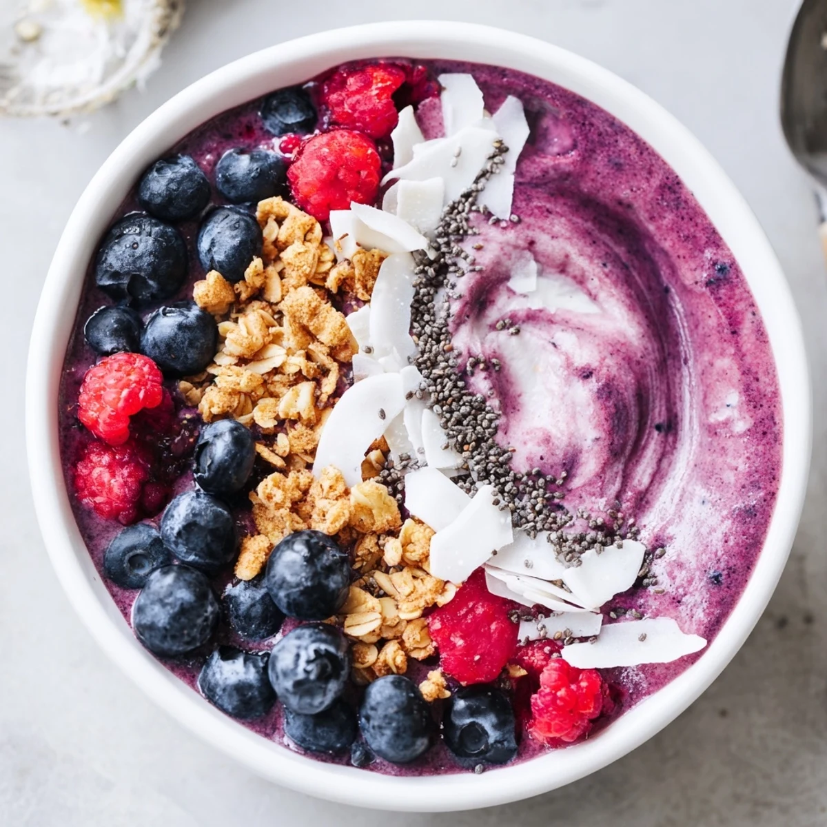 Thick purple smoothie bowl with coconut milk base layered with colorful fruits and nutty granola