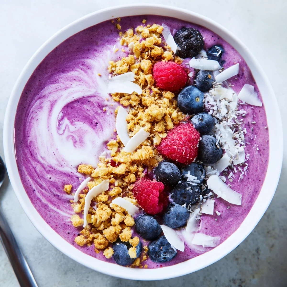 Creamy berry smoothie bowl artfully arranged with raspberries, blueberries, coconut flakes, and toasted granola clusters
