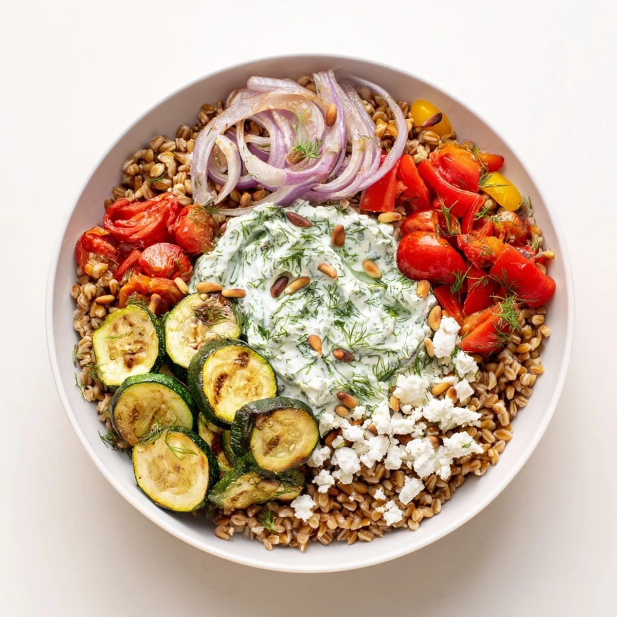 Mediterranean roasted zucchini farro grain bowl topped with herb yogurt, feta, and pine nuts