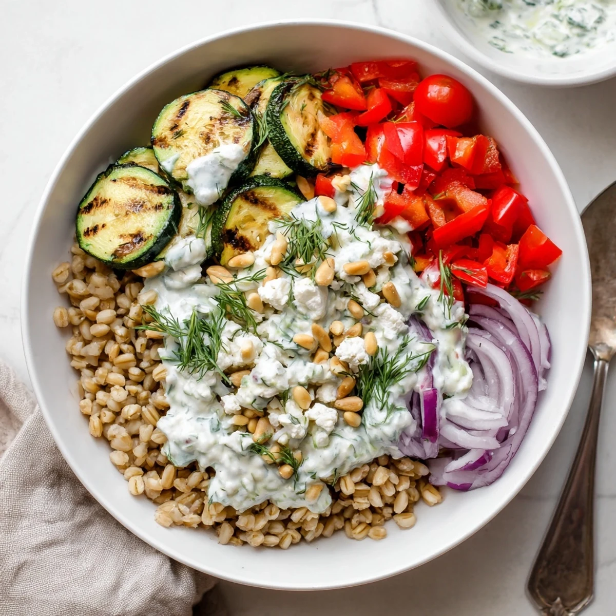 Colorful vegetarian farro grain bowl with roasted zucchini, tomatoes, and creamy herb yogurt sauce