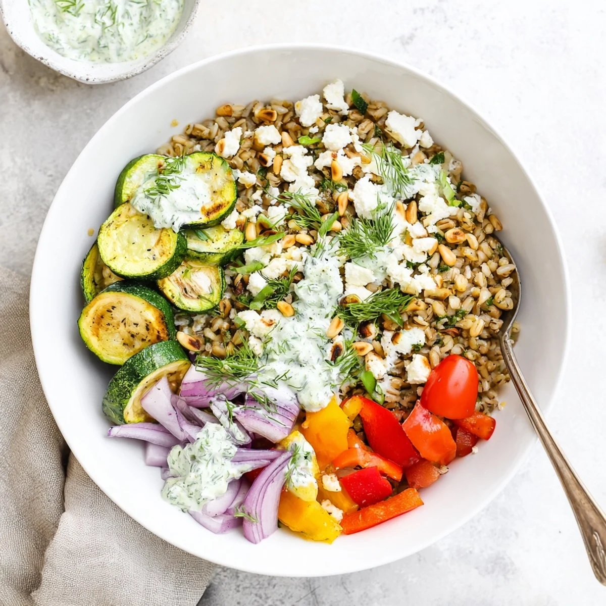 Wholesome Mediterranean roasted zucchini farro bowl with herb yogurt, vegetables, and crunchy pine nuts
