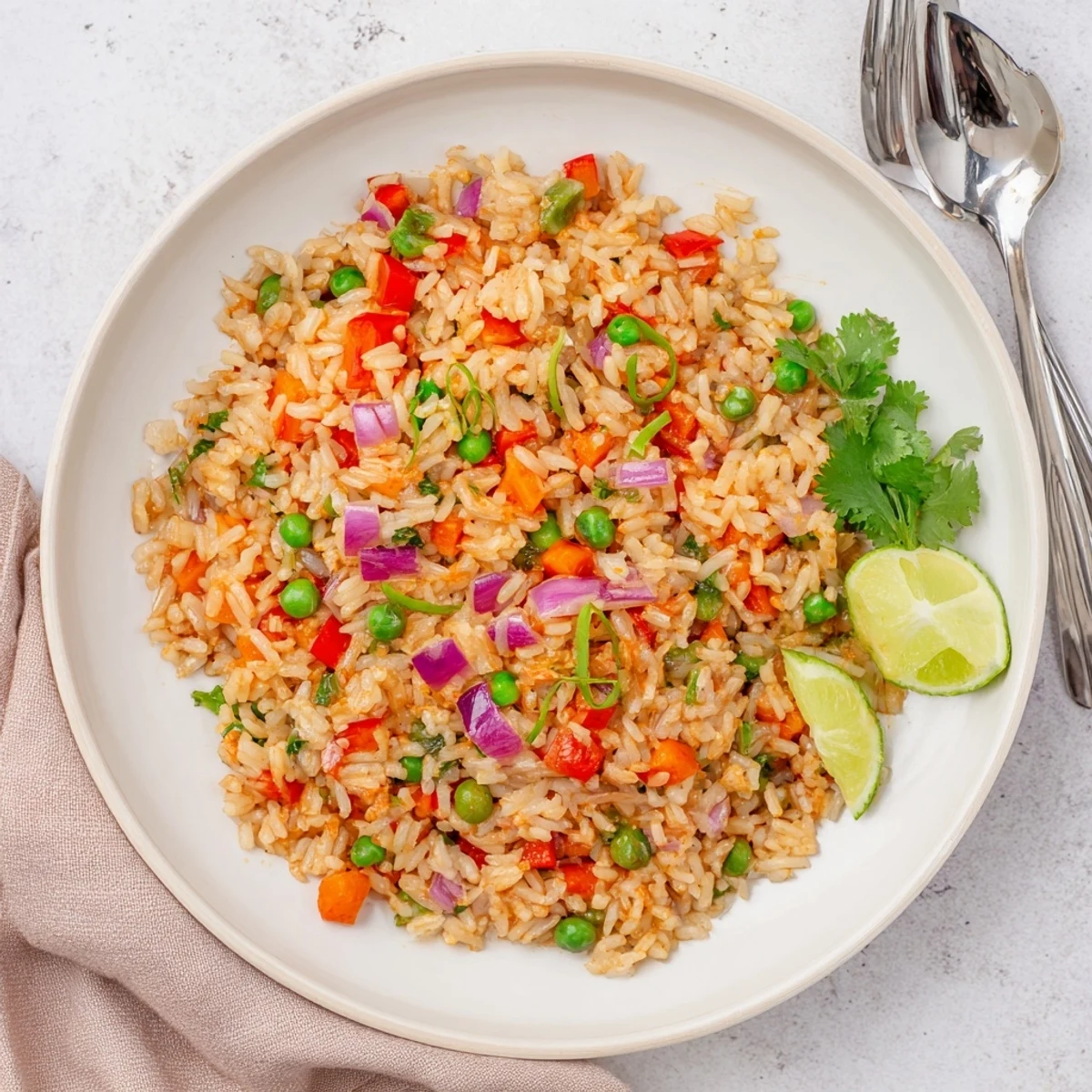 Colorful bowl of chili lime vegetable fried rice topped with fresh cilantro leaves