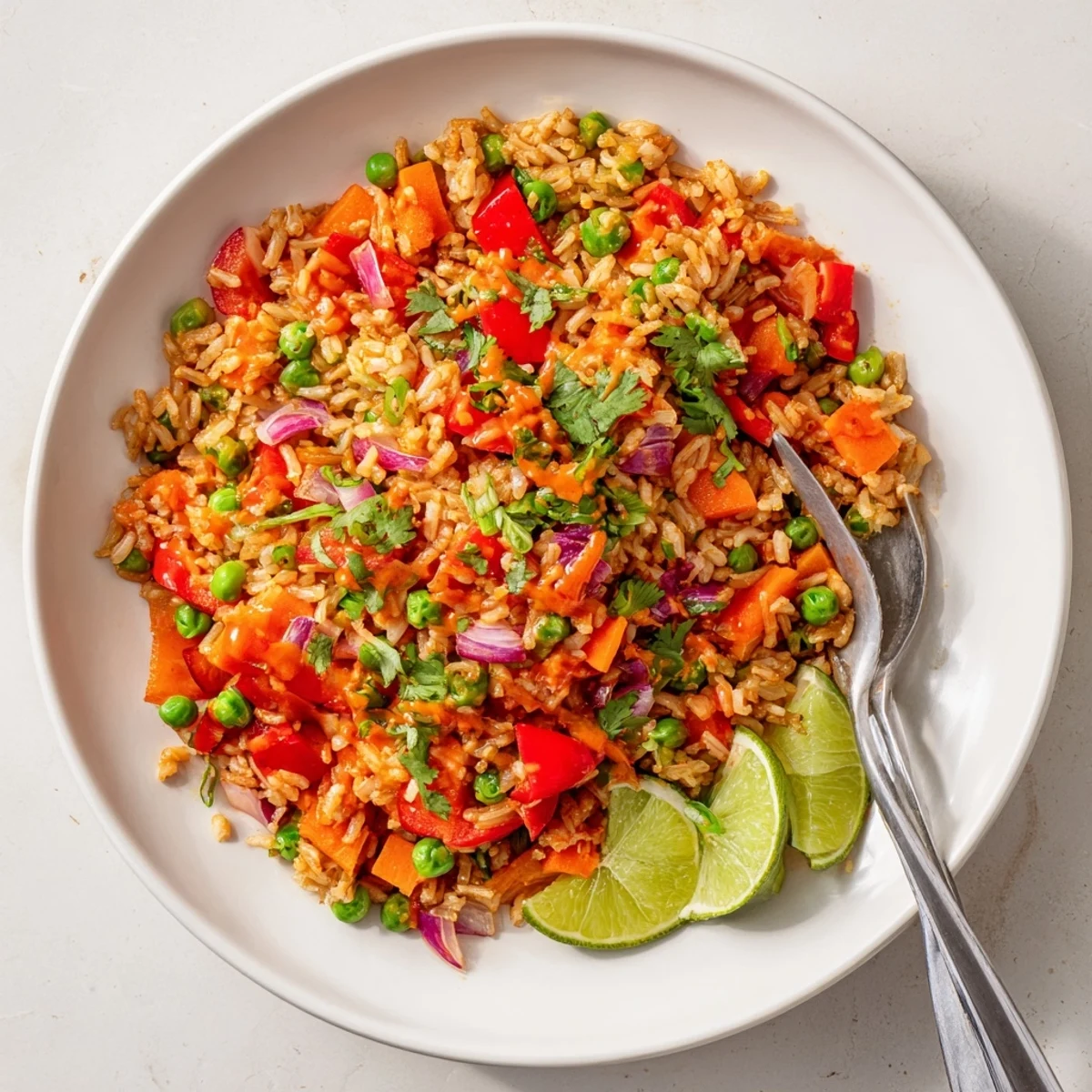 Zesty vegetable fried rice with peppers, carrots, and spicy chili lime seasoning