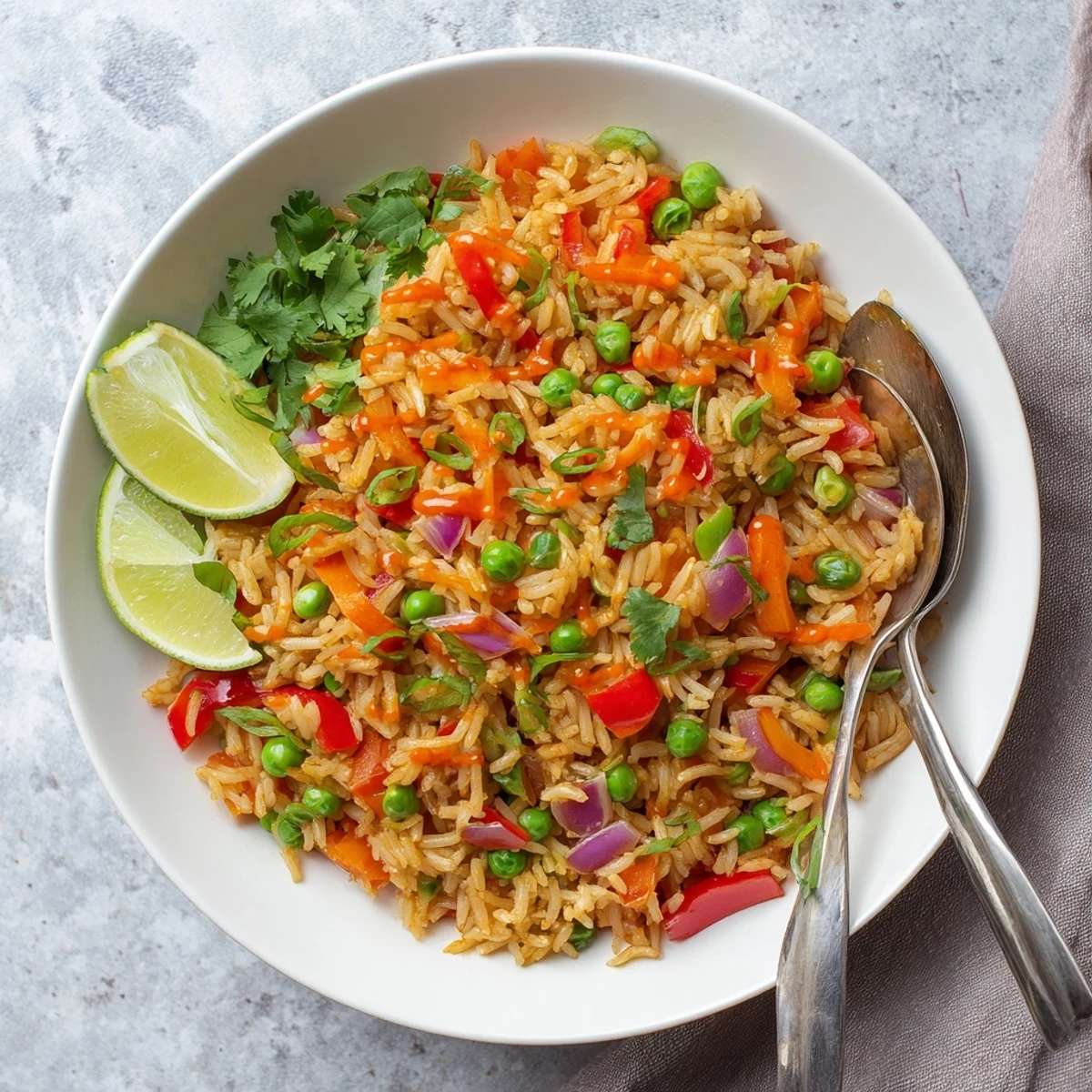 Hearty portion of vegetable fried rice garnished with bright green cilantro and lime