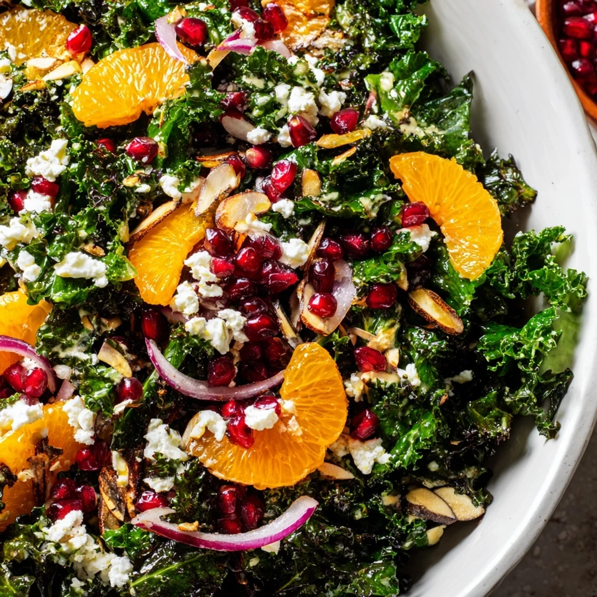 Vibrant kale orange almond salad arranged in a bowl with tangy citrus dressing and optional feta cheese crumbles