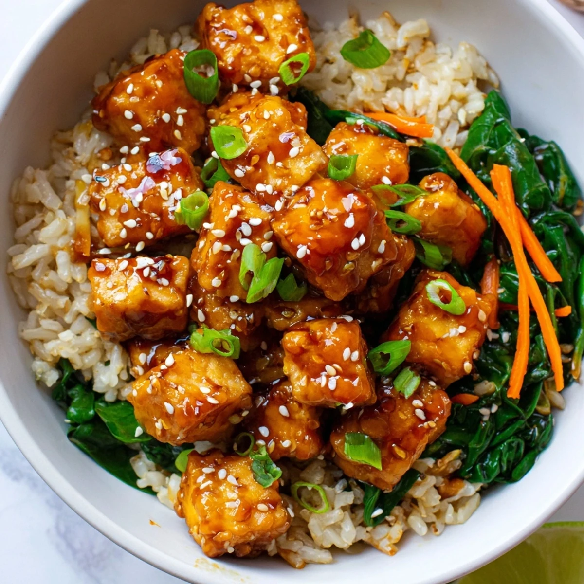 Sticky Orange Soy Tofu Vegan Bowl with Sesame Greens glistening over fluffy rice