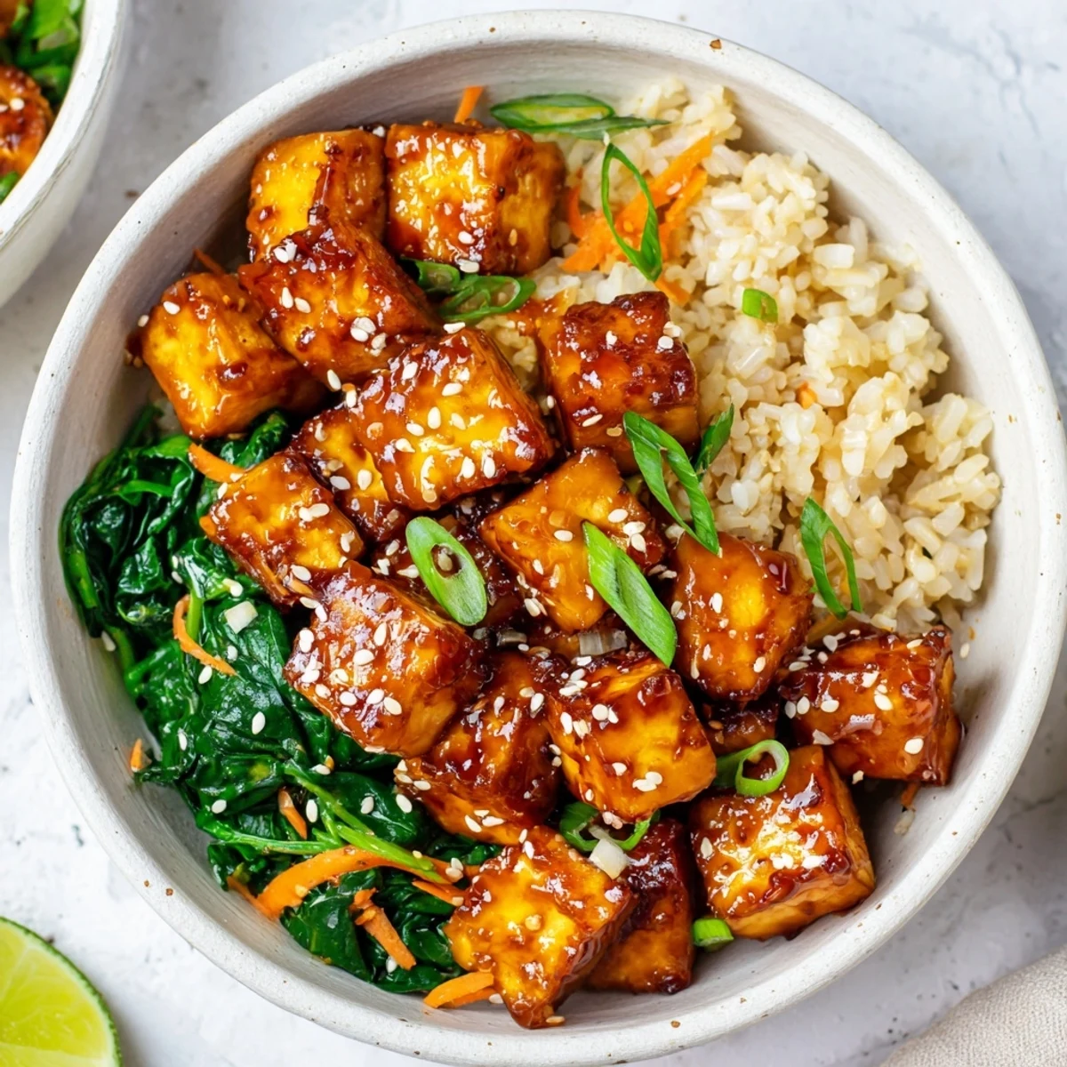 Bright citrus aroma rising from Sticky Orange Soy Tofu Vegan Bowl with Sesame Greens