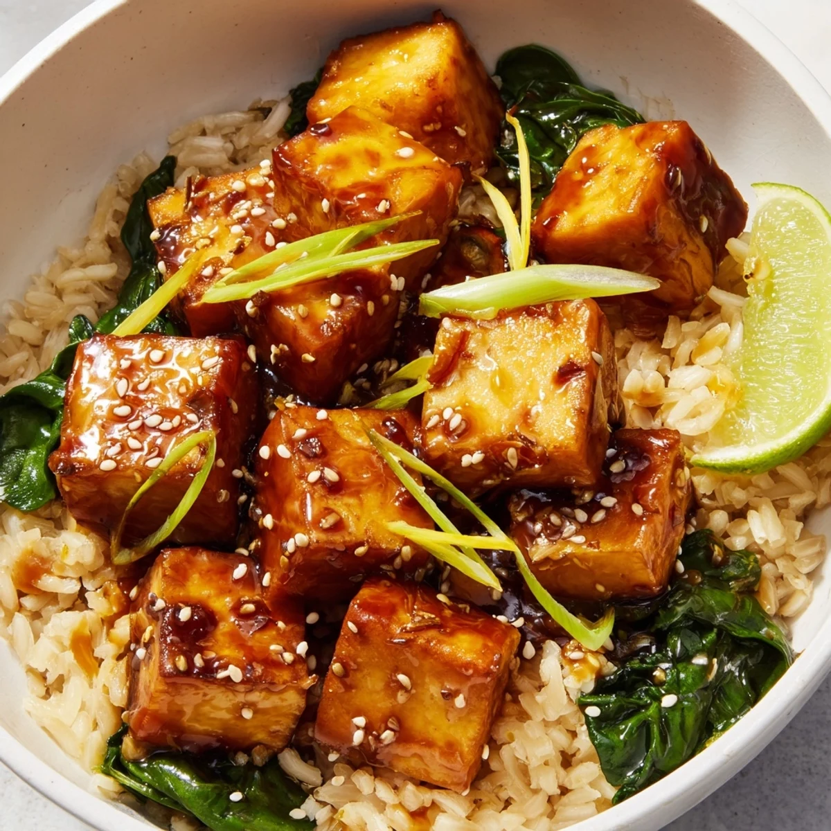 Sliced green onions garnish Sticky Orange Soy Tofu Vegan Bowl with Sesame Greens, steaming