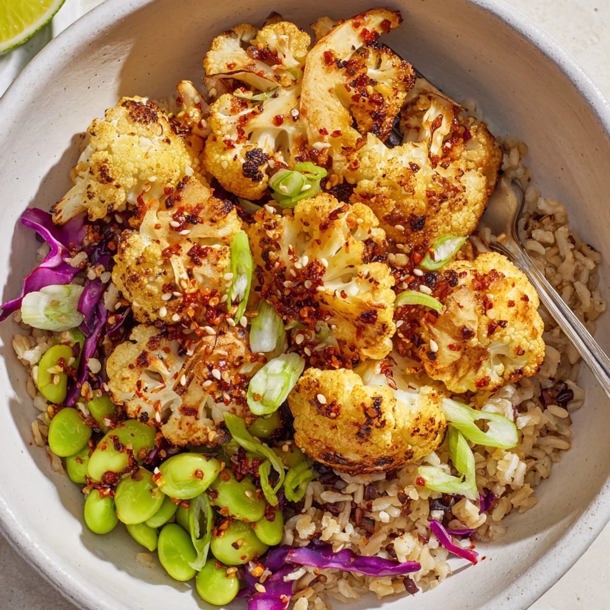 Spicy Chili Crisp Roasted Cauliflower Veggie Bowl with Sesame Seeds, warm and fragrant