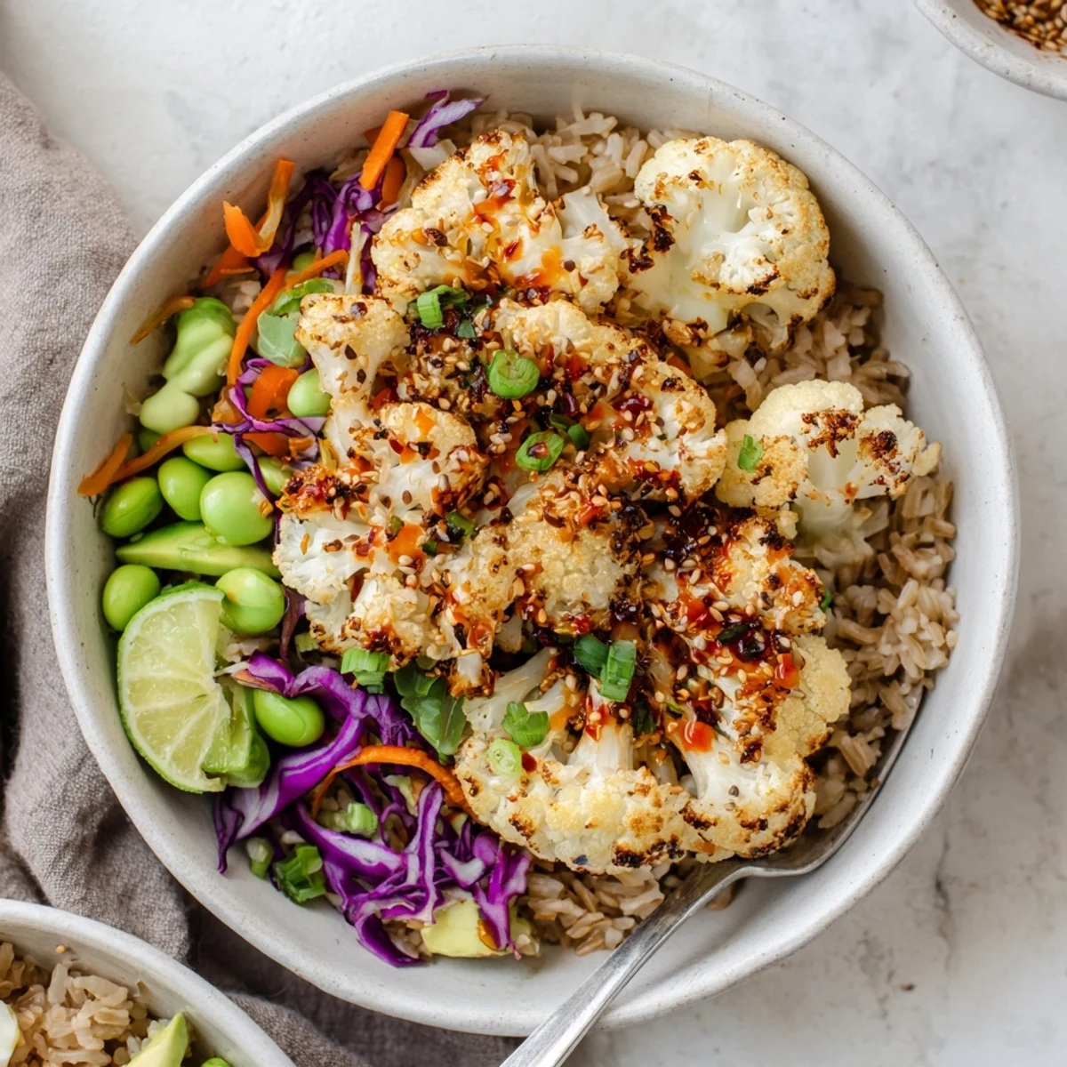 Crisp, smoky edges highlight Spicy Chili Crisp Roasted Cauliflower Veggie Bowl with Sesame Seeds