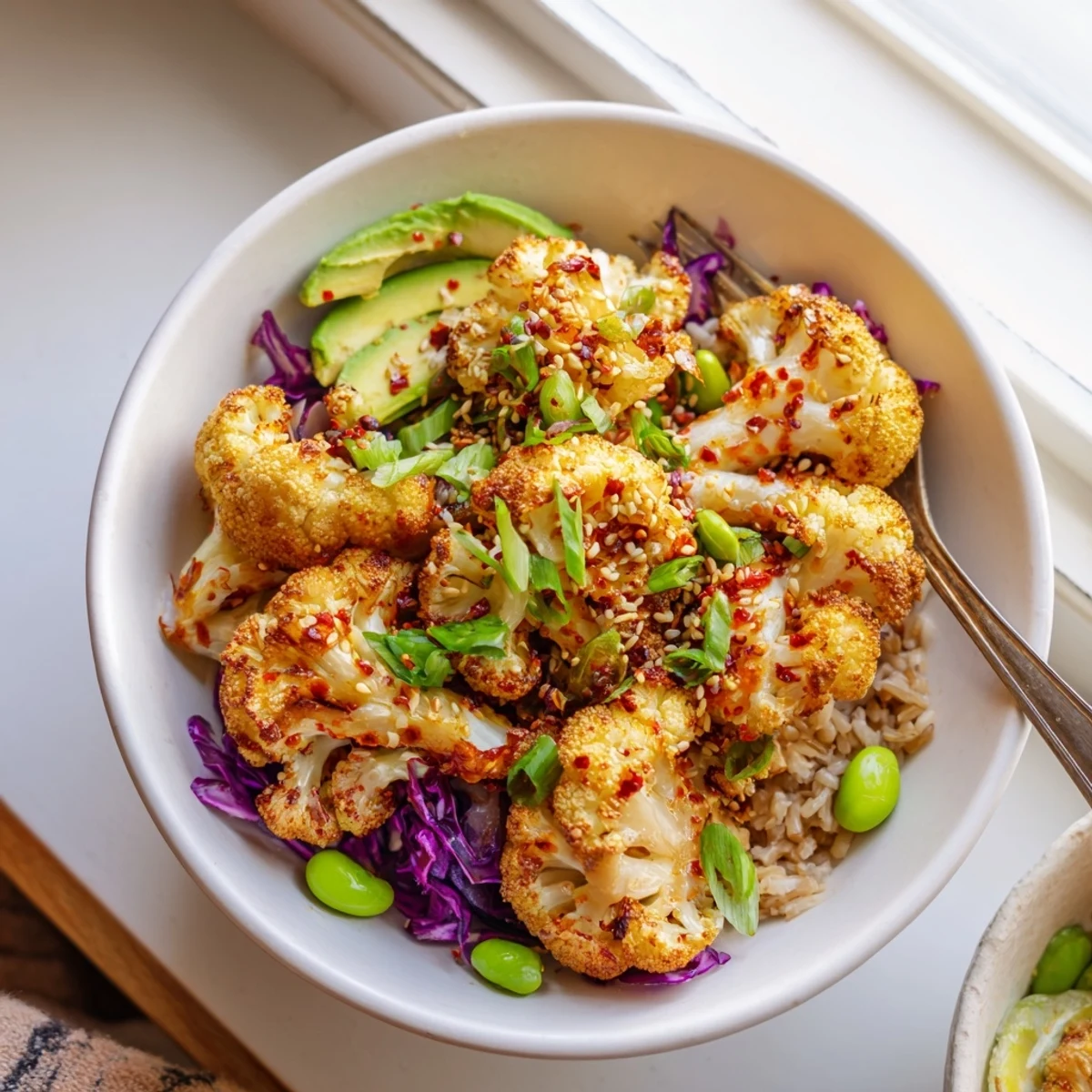 Spicy Chili Crisp Roasted Cauliflower Veggie Bowl with Sesame Seeds served with lime