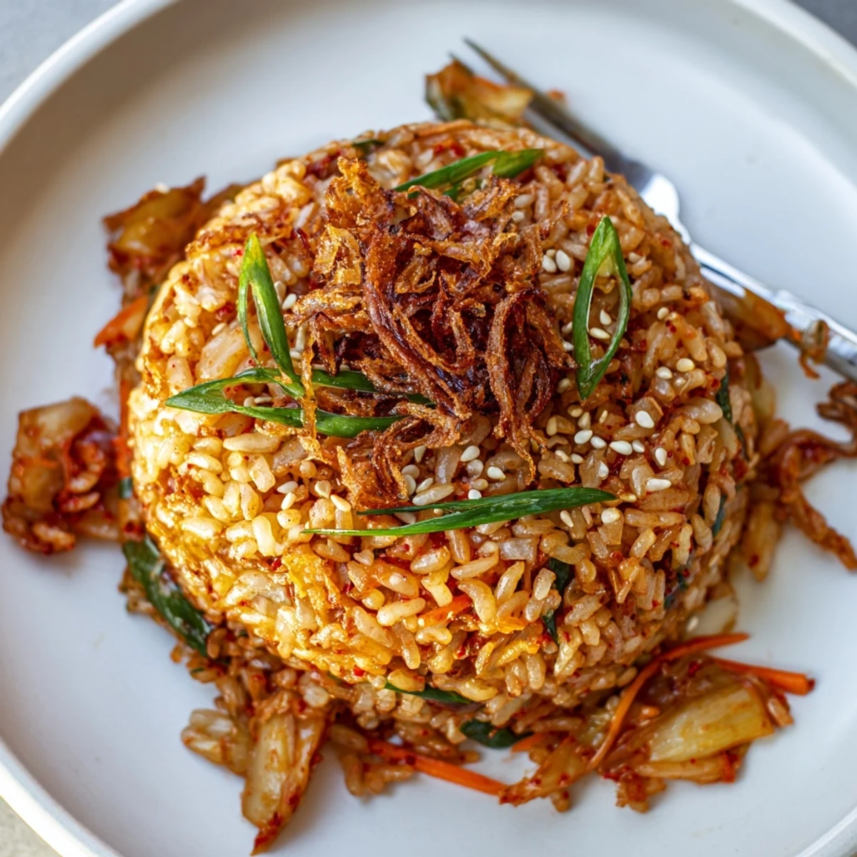 Close-up of Kimchi Scallion Garlic Fried Rice with Crispy Shallots, steaming and tangy