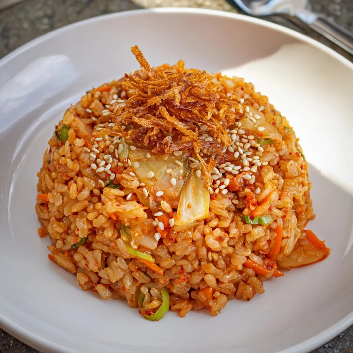 Spoonful of Kimchi Scallion Garlic Fried Rice with Crispy Shallots, aromatic and savory