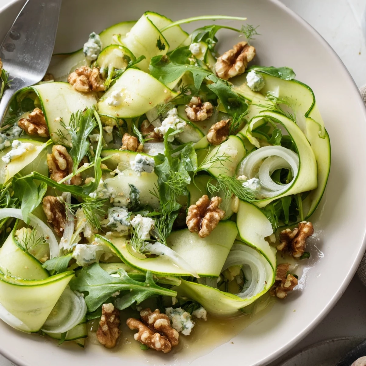 Shaved Cucumber Apple Walnut Salad Bowl with Maple Dressing, crisp ribbons, toasted walnuts  