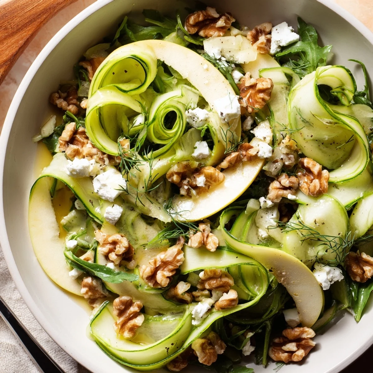 A light Shaved Cucumber Apple Walnut Salad Bowl with Maple Dressing perfect for lunch