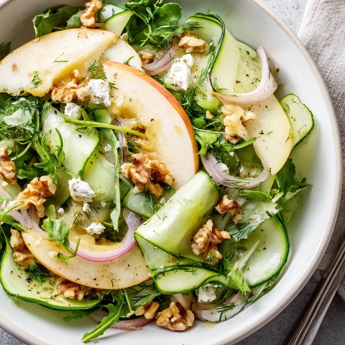 Bright Shaved Cucumber Apple Walnut Salad Bowl with Maple Dressing served chilled  