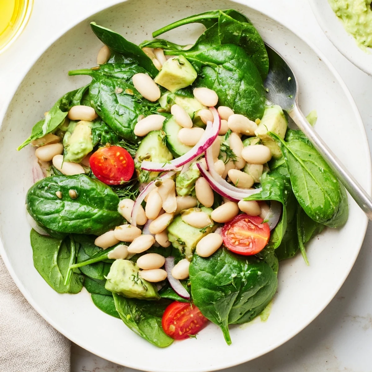 Creamy Avocado White Bean Spinach Salad Bowl with Fresh Herbs served with crusty bread