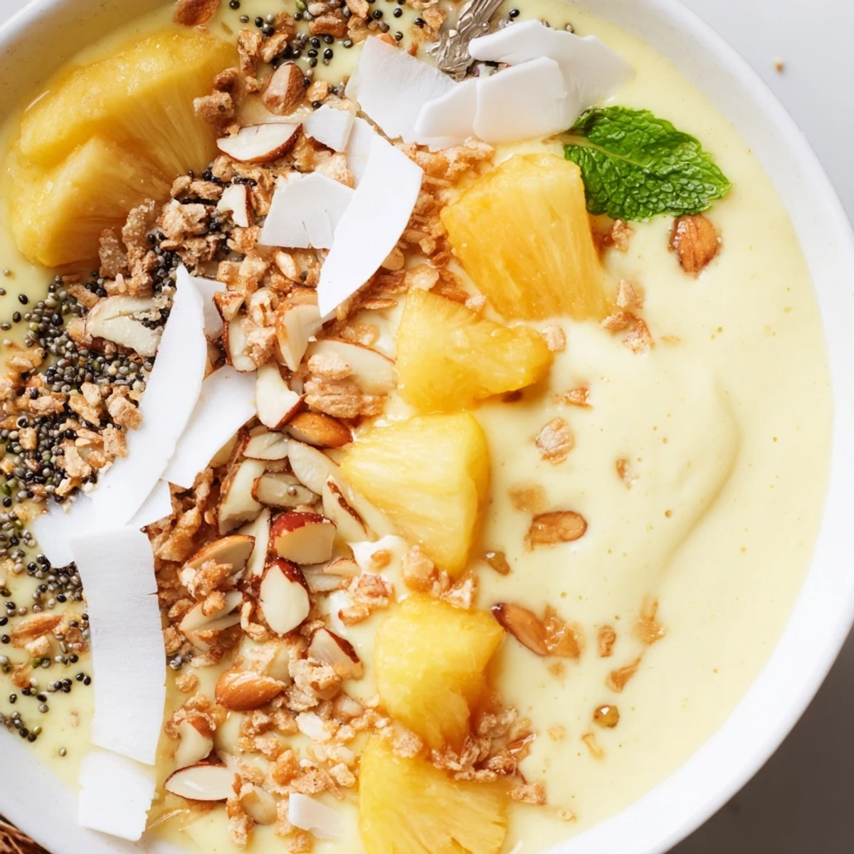Pineapple Papaya Coconut Smoothie Bowl with Chia Crunch, creamy, bright, toasted coconut
