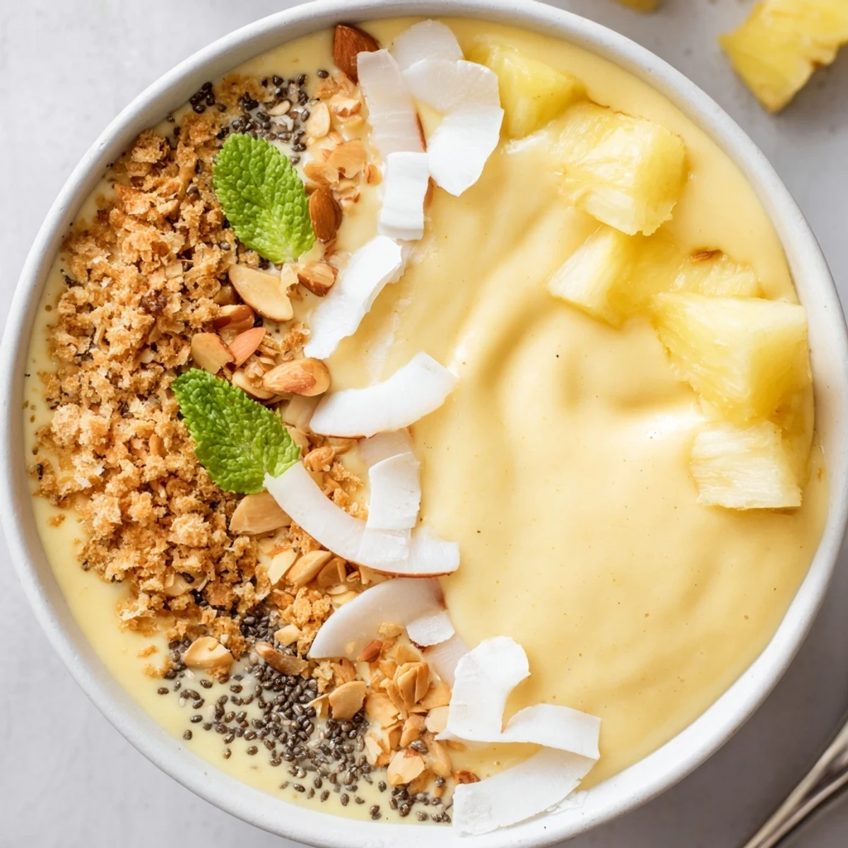 Chilled tropical breakfast, creamy and bright, Pineapple Papaya Coconut Smoothie Bowl with Chia Crunch