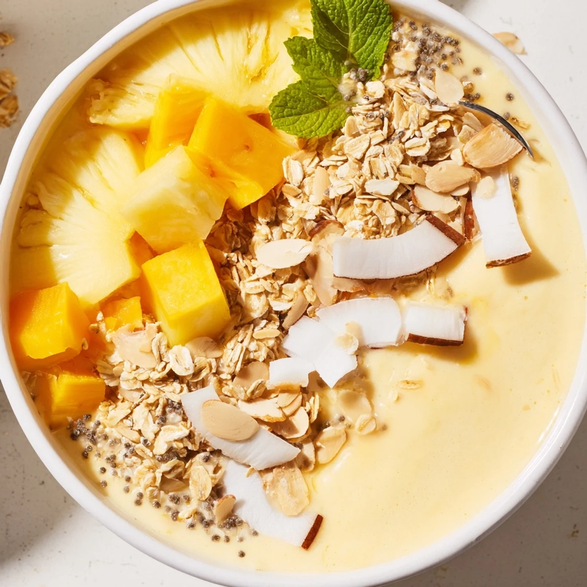 Refreshing tropical breakfast bowl featuring Pineapple Papaya Coconut Smoothie Bowl with Chia Crunch