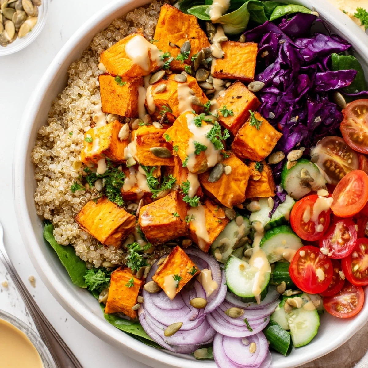 Roasted Sweet Potato Garlic Quinoa Grain Bowl with Lemon Tahini, vibrant roasted sweetness