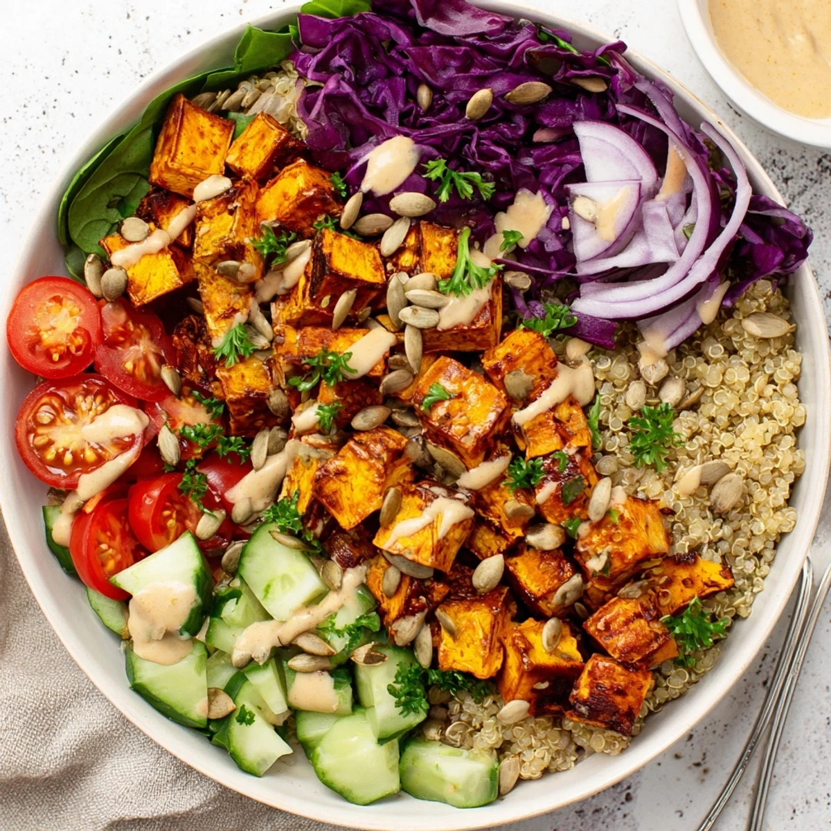 Warm and garlicky Roasted Sweet Potato Garlic Quinoa Grain Bowl with Lemon Tahini
