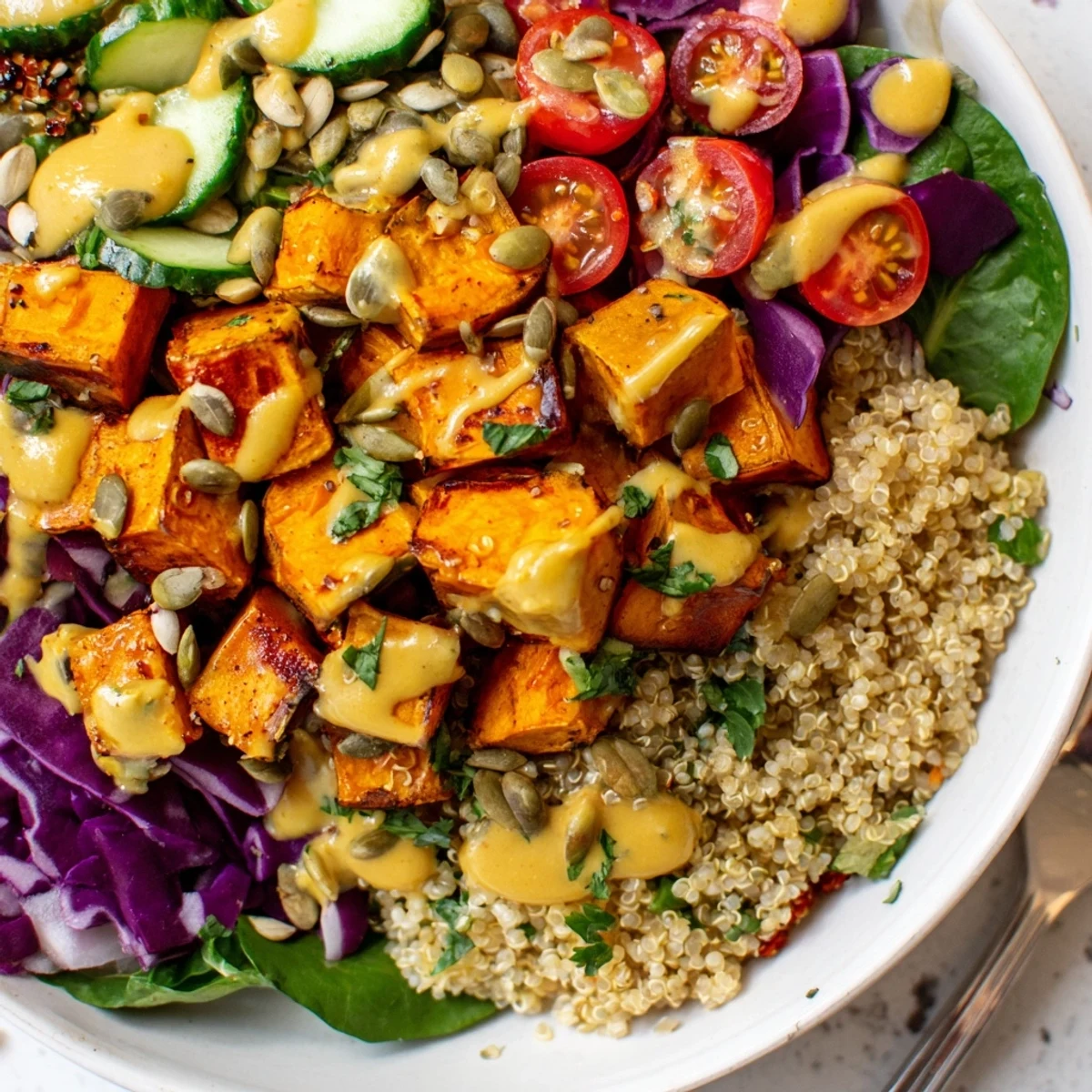 Roasted Sweet Potato Garlic Quinoa Grain Bowl with Lemon Tahini topped with toasted pepitas