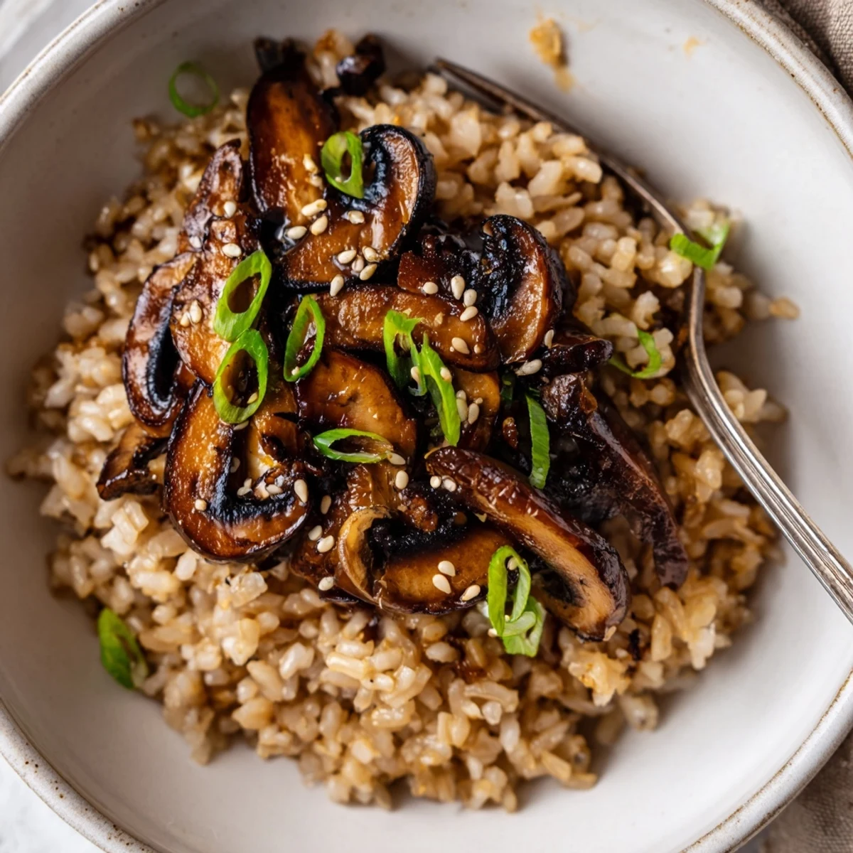 Garlic Ginger Brown Rice with Charred Mushrooms steaming in rustic bowls, fragrant