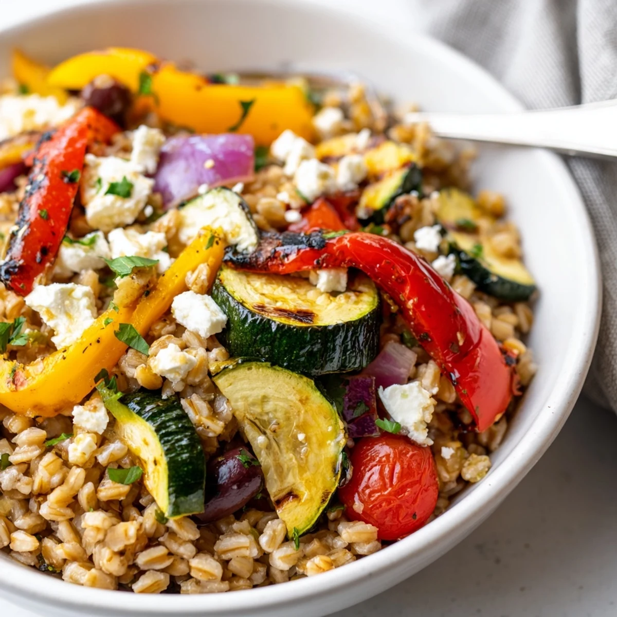 Mediterranean Roasted Pepper Farro Grain Bowl with Feta Crumble served warm.