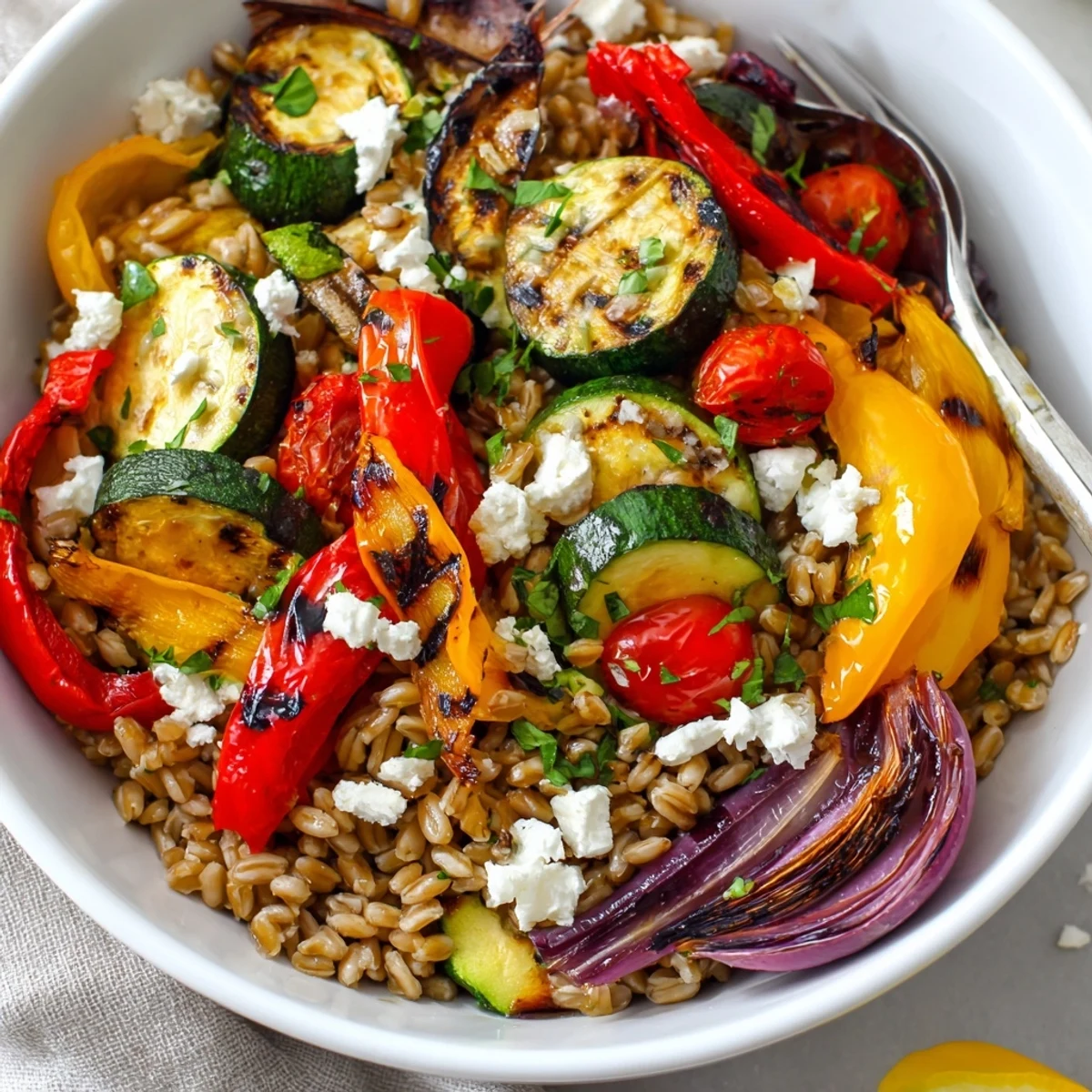 Bright Mediterranean Roasted Pepper Farro Grain Bowl with Feta Crumble, lemon-herb drizzle.