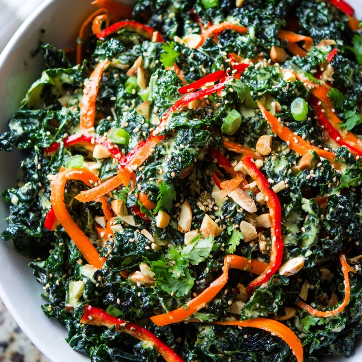 Shaved Kale Carrot Almond Salad Bowl drizzled with creamy sesame dressing in a rustic wooden bowl