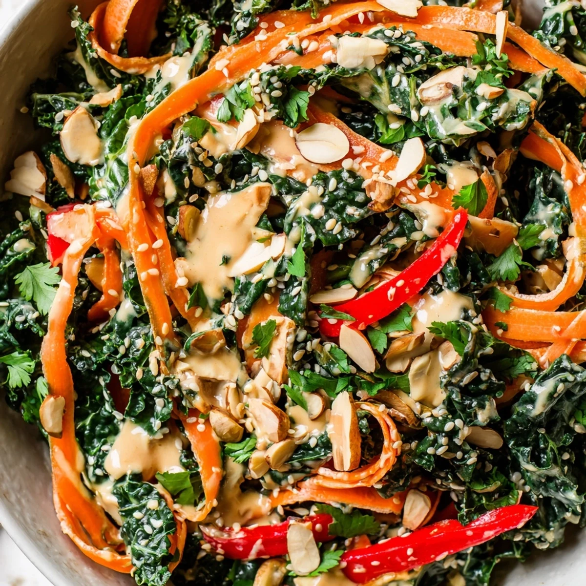 Colorful kale carrot almond salad with sesame dressing topped with golden toasted almonds and fresh herbs